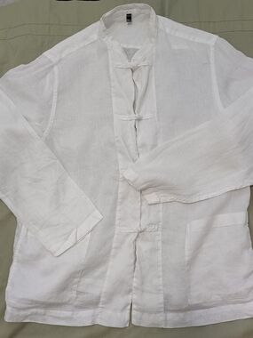 Muji White French Linen Casual Mandarin Frog Toggle Closure Unisex Shirt